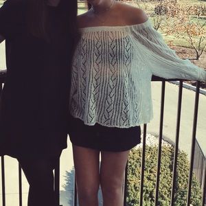 white off the shoulder sheer sweater